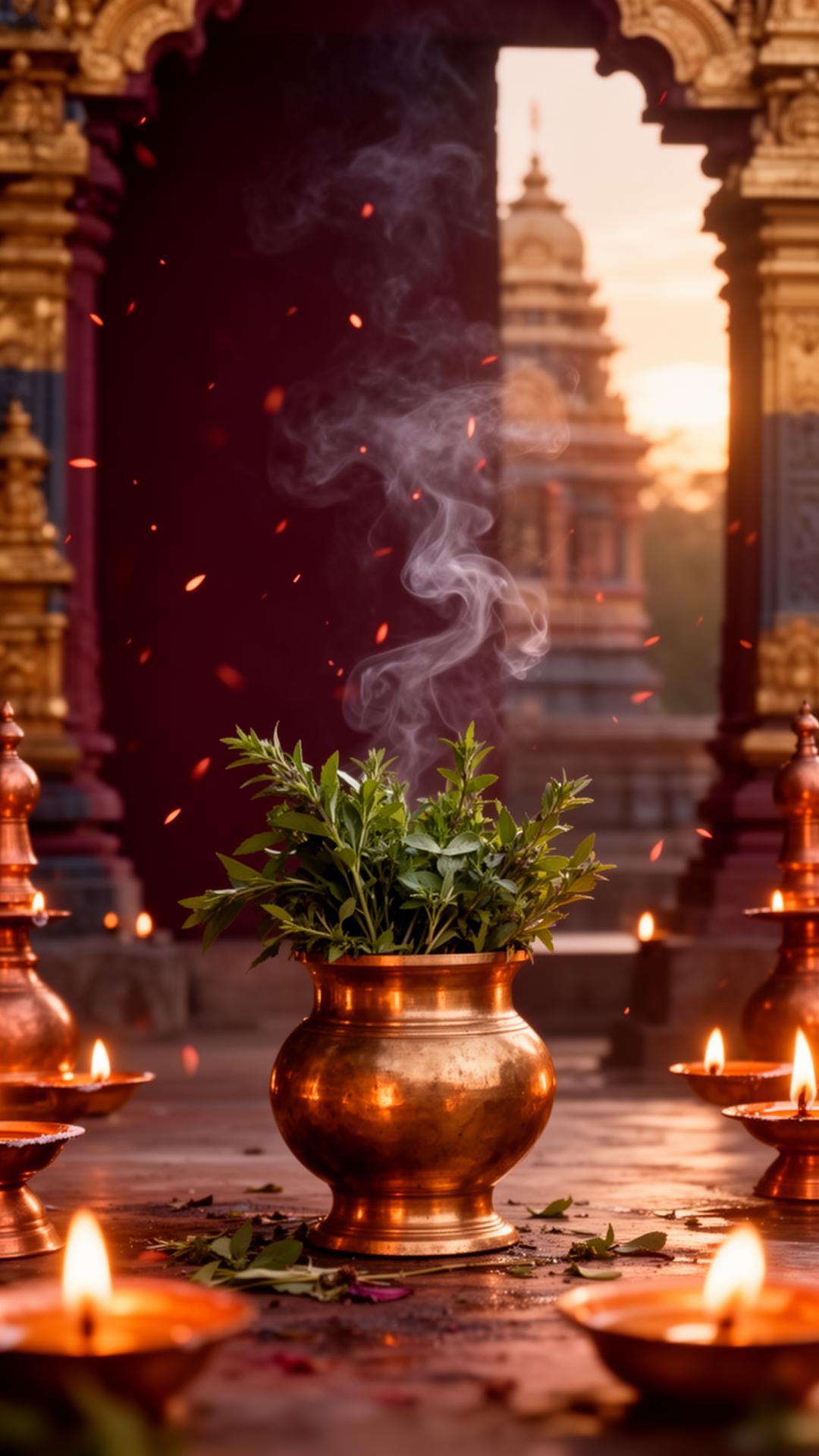 Sacred Shiva temple with herbs and oil lamps
